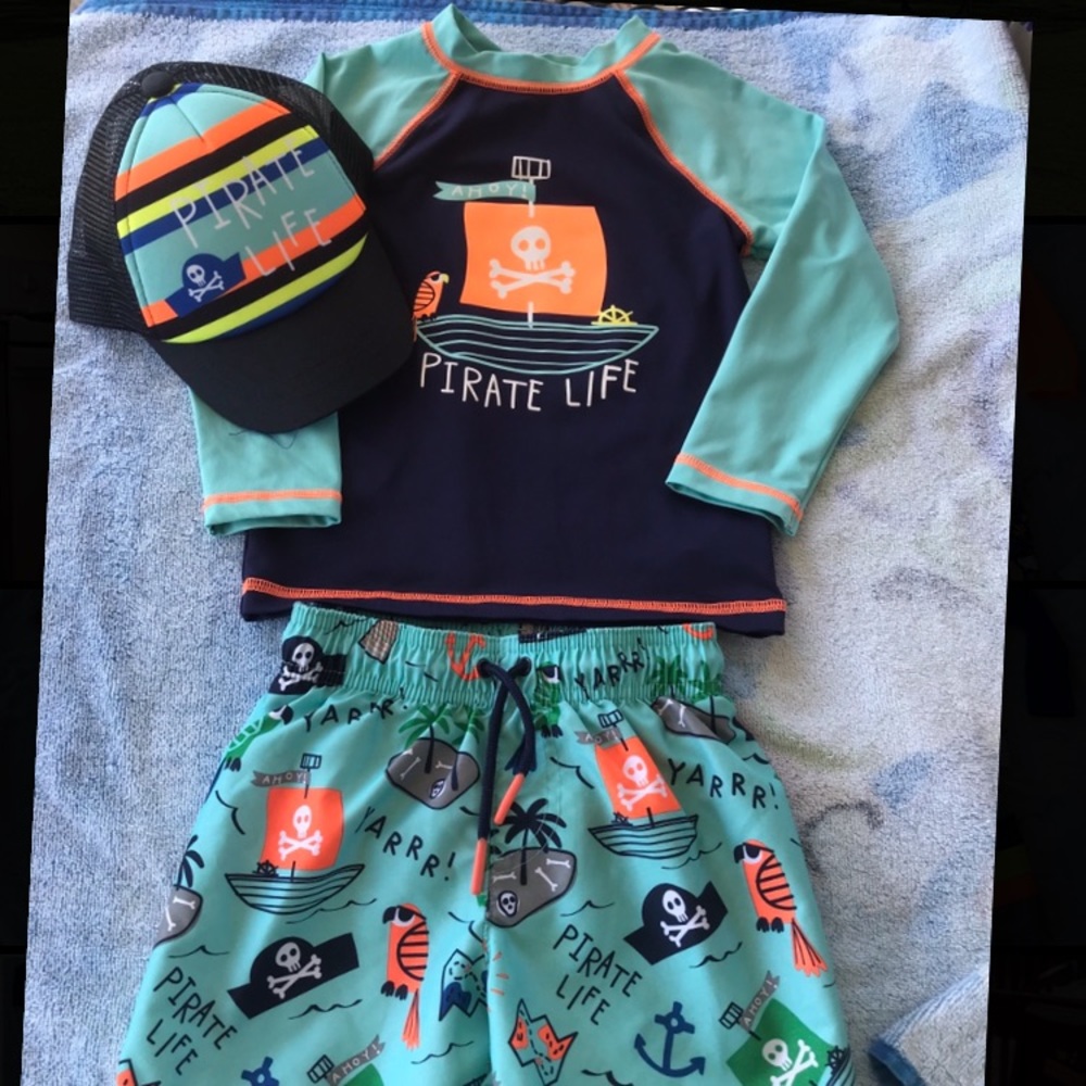 Cat & Jack rash guard, swim trunks and hat sz 3T